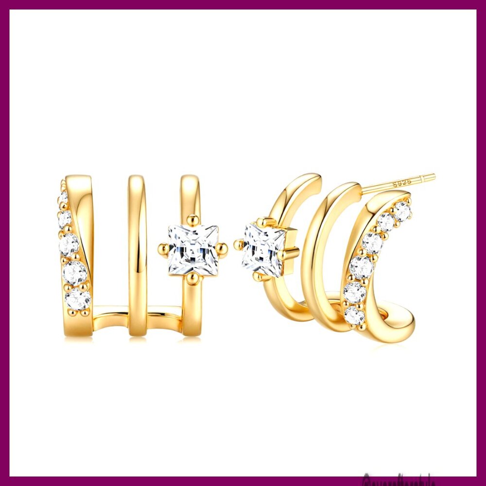 Sterling Silver 14k Gold Plated Triple Hoop Illusion Stud Earrings